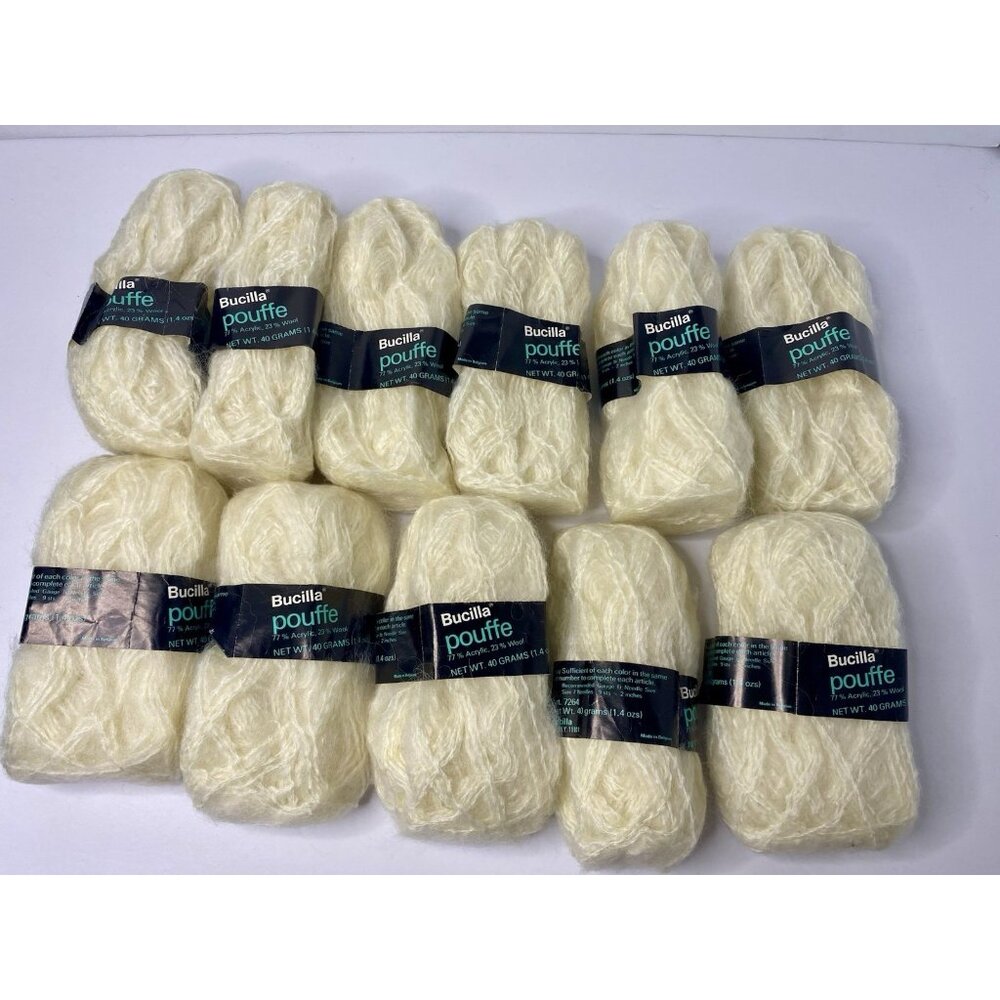 Bucilla Pouffe Lot of 11 Skeins Yarn Cream White 77% Acrylic 23% Wool